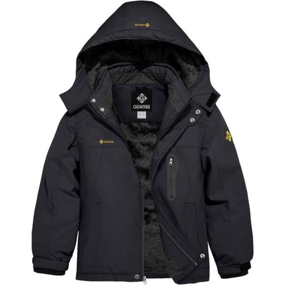 Boy's Waterproof Ski Snow Jacket Hooded Fleece Lined Windproof Winter Jacket